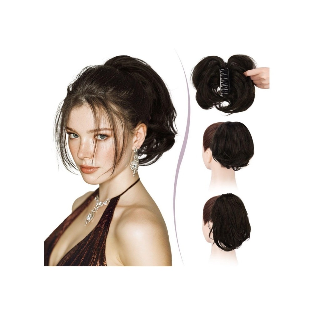 9" Claw Clip‎ Real Human Hair Ponytail Extension Short Messy Bun Dark Brown Updo